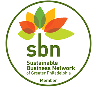Member-Seal Logo of the Sustainable Business Network of Greater Philadelphia, featuring colorful leaf-like shapes enclosed in a green circle with the text "sbn" and "Member" at the bottom.